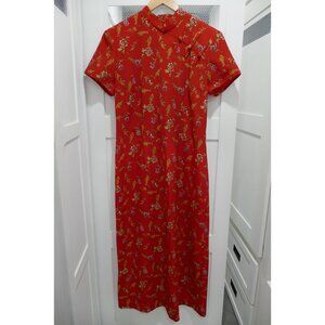 Vintage 90's Maxi Dress Asian Red Floral Teacher Pencil